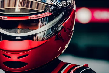 Gordijnen 3D realistic render of Racer in a helmet driving a car on the track. © Viks_jin