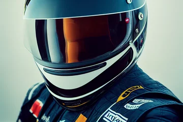 Poster 3D realistic render of Racer in a helmet driving a car on the track. © Viks_jin