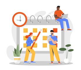 Put marks on calendar. Men and women schedule, set goals and plan. Time management and strategy development. Organization of effective workflow. Poster or banner. Cartoon flat vector illustration