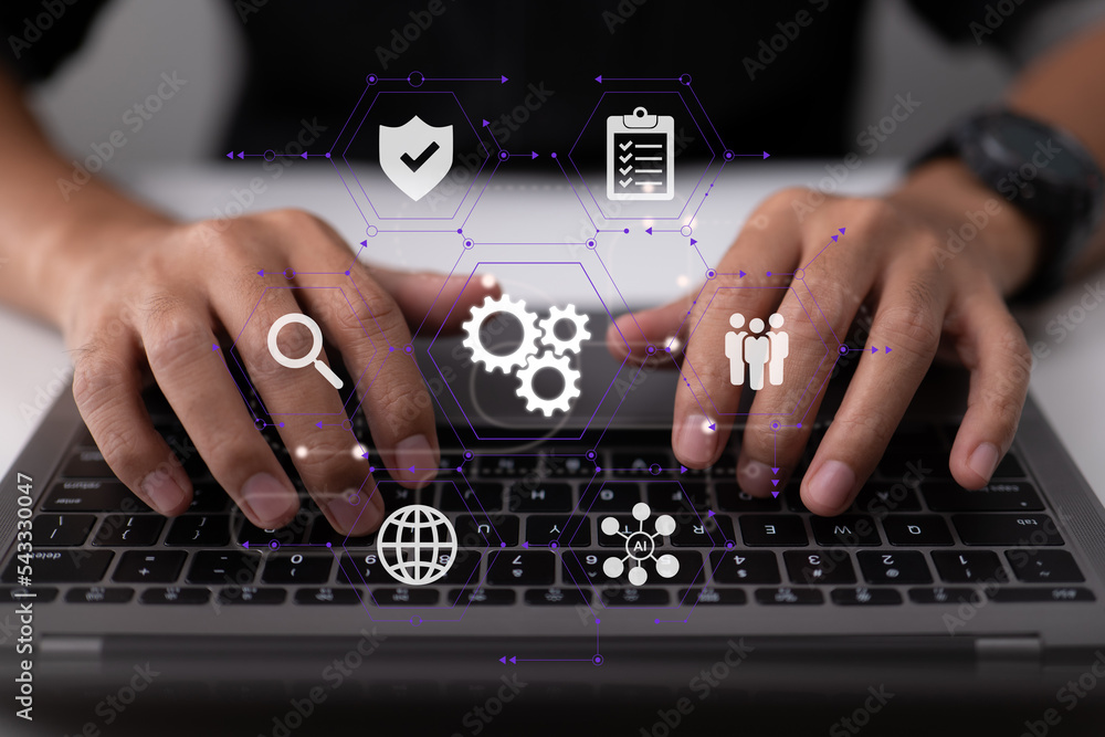 Aufkleber Software programmers who code use responsive cybersecurity and augmented reality dashboard computer icons.