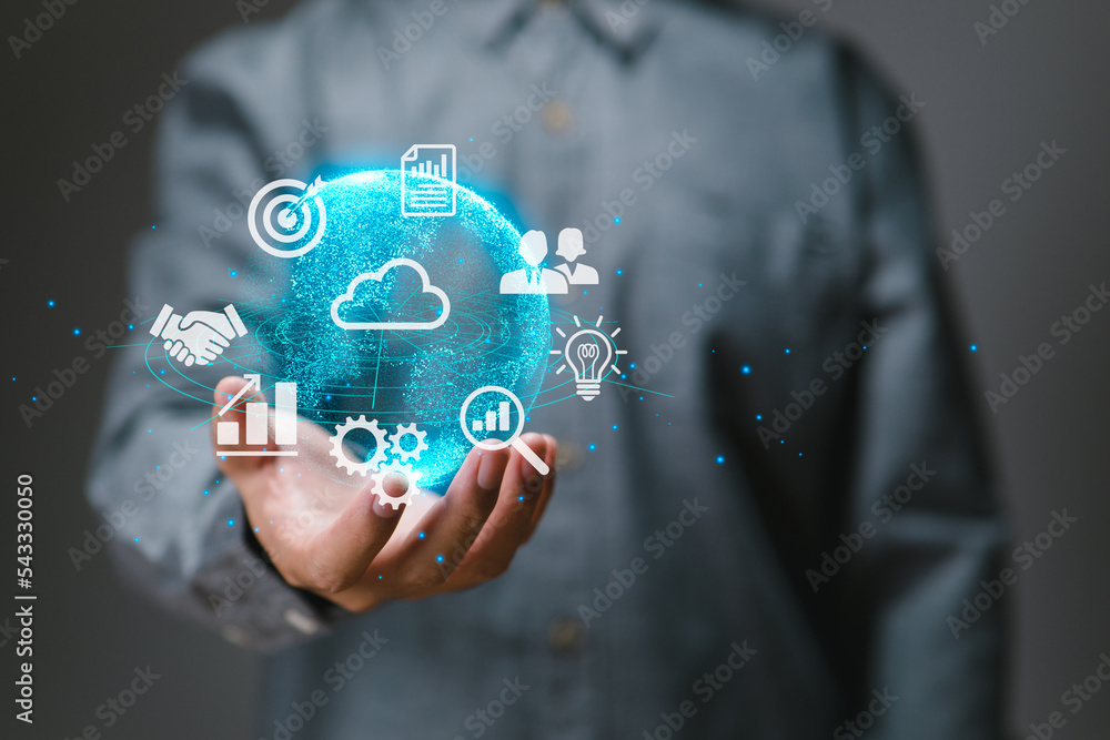 Poster Man holding a virtual global internet connection metaverse Business global internet connection application technology and digital marketing, financial and banking, digital link technology, big data