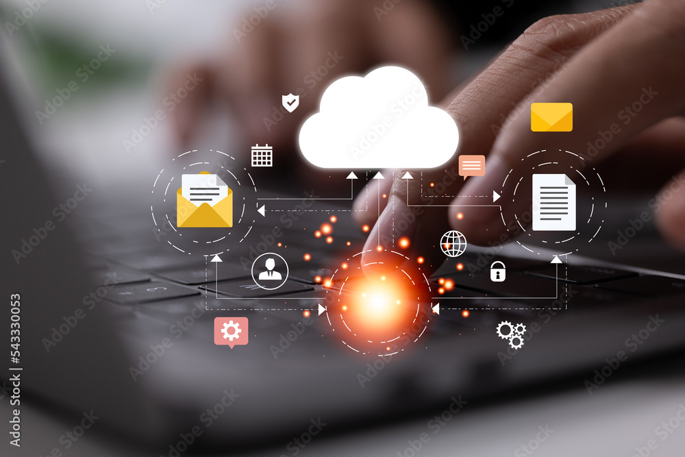 Poster a laptop connected to a cloud computing technology network. Online gadgets enter information and data into a database marked by a company icon.