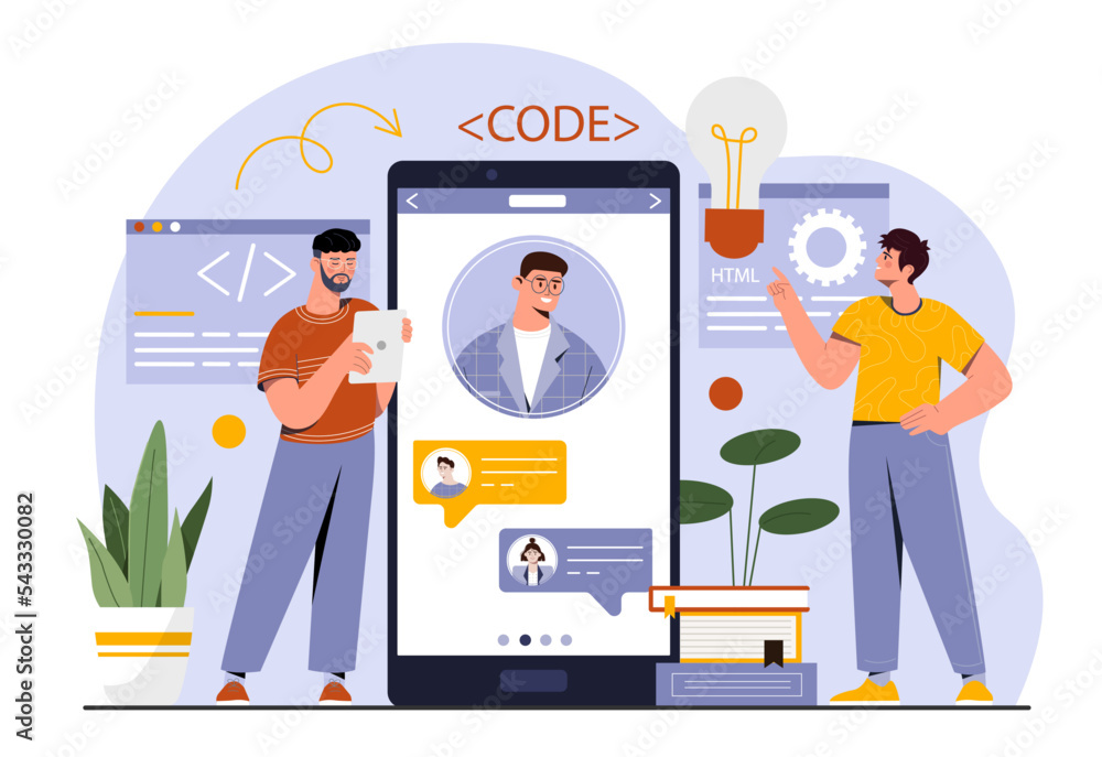 Poster web programming online. men near smartphone develop programs and applications. interface development