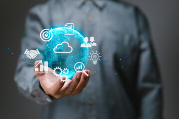Man holding a virtual global internet connection metaverse Business global internet connection application technology and digital marketing, financial and banking, digital link technology, big data