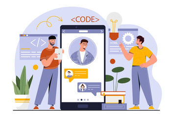 Web programming online. Men near smartphone develop programs and applications. Interface development, ui and ux design for software and programs. Poster or banner. Cartoon flat vector illustration