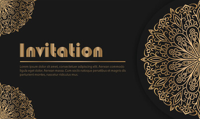 Luxury golden Mandala invitation with black background.