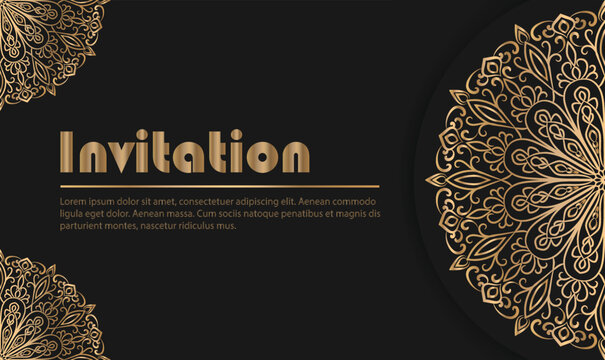 Luxury golden Mandala invitation with black background.
