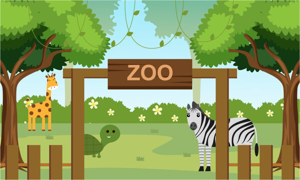 Zoo cartoon illustration with safari animals on forest background