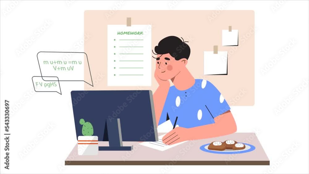 Aufkleber online education video. moving schoolboy sits at desk and listens to remote school lesson or lecture