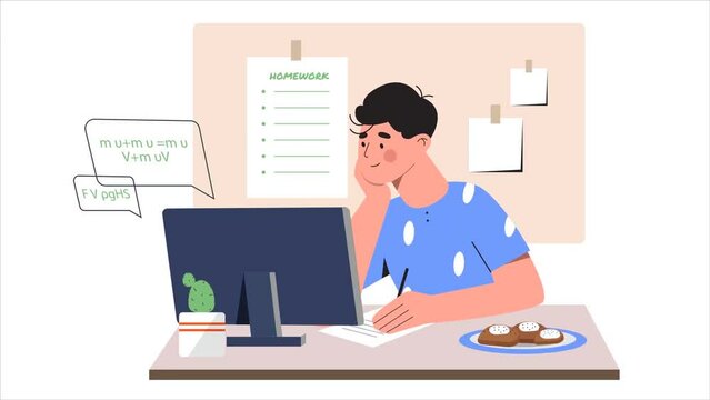 Online education video. Moving schoolboy sits at desk and listens to remote school lesson or lecture from teacher on computer. Study and learning. Flat graphic animated cartoon with pop up elements