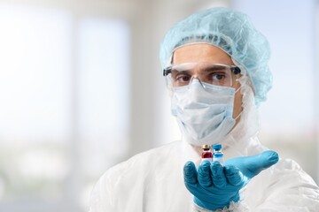 Medical scientist with  protection, researcher in the laboratory, Medical technology concept