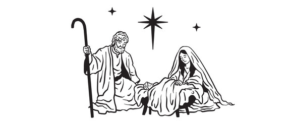 manger scene svg, png digital download, Christian Religious nativity, baby jesus illustration vintage vector black and white