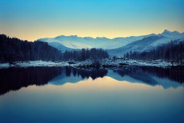 Fototapeta na wymiar Winter forest in the Carpathians. Lake Vito. Sunny winter morning in the resort area of the Carpathian mountain lake Vito