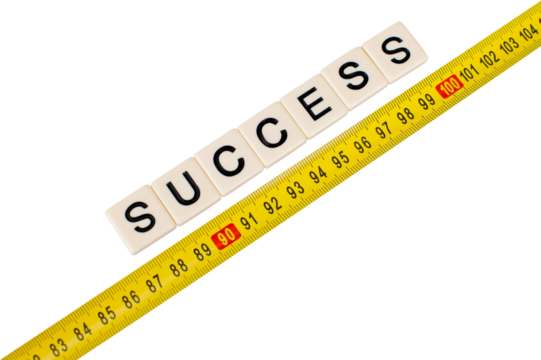 Yellow measuring tape with word success isolated on white background