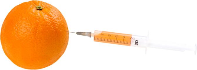 Genetically modified orange on white background. Orange toxin. Anti natural. Intoxicated food