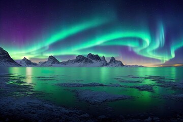 Fototapeta na wymiar Aurora borealis over the sea, snowy mountains and city lights at night. Northern lights in Lofoten islands, Norway. Starry sky with polar lights. Winter landscape with aurora, reflection, sandy beach