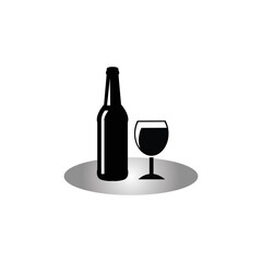 Wine glass sign. Liquor bottle logo. Bar. Flat minimalist design. white background Gray black vector. product brand service label banner board display. App icon.