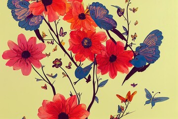 cute background with flowers birds and butterflies