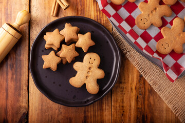 Homemade gingerbread man cookies, traditionally made at Christmas and the holidays.