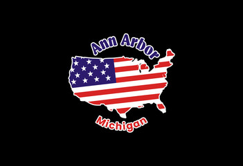 Ann Arbor. Map of the United States of America with the national flag of the United States isolated on a white background. Vector illustration.