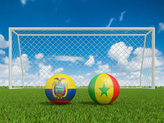 Footballs in flags colors on grass . Ecuador with Senegal. World Cup football championship 2022 .3d renderin