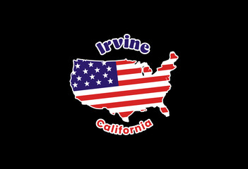 Irvine. Map of the United States of America with the national flag of the United States isolated on a white background. Vector illustration.