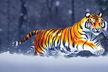 Fototapeta na wymiar Siberian tiger, Panthera tigris altaica, male with snow in fur, running directly at camera in deep snow. Attacking predator in action. Taiga environment, freezing cold, winter.