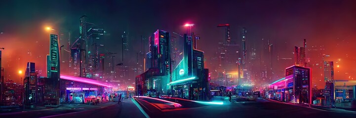 Cyberpunk-Stadtstraße, Nachtansicht, futuristische Stadt, Neonlichter. Nachtstraßenszene, Retro-Zukunft. 3D-Darstellung.