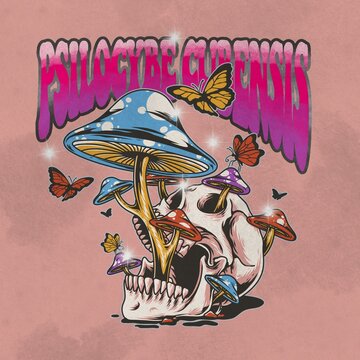 skull illustration with magic mushroom