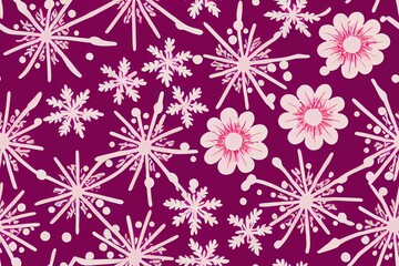 Seamless pattern with hand drawn flowers and snowflakes. Clipping mask is used, 2d illustrated illustration.
