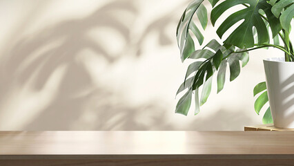 Wooden table counter top with green tropical plant leaf and beautiful sun light and shadow on beige...