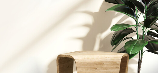 Wood geometry design side table with green tropical plant leaf and beautiful sun light and shadow...