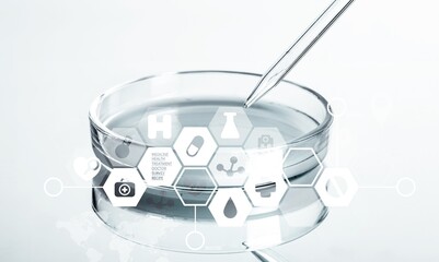 Transparent liquid gel in petri medical dish with pipette on the desk.