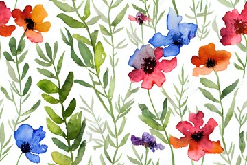 Wildflowers watercolor, seamless pattern with abstract flowers, plant and branches. Colorful meadow, illustration on ivory background.