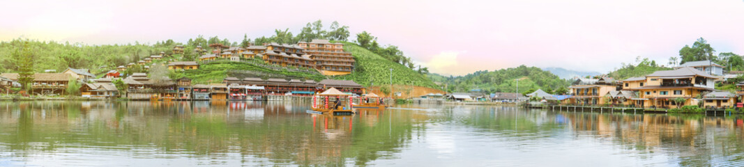 Panorama photo of Ban Rak Thai Village , a Chinese settlement with lake in Mae Hong Son province, Thailand. - obrazy, fototapety, plakaty