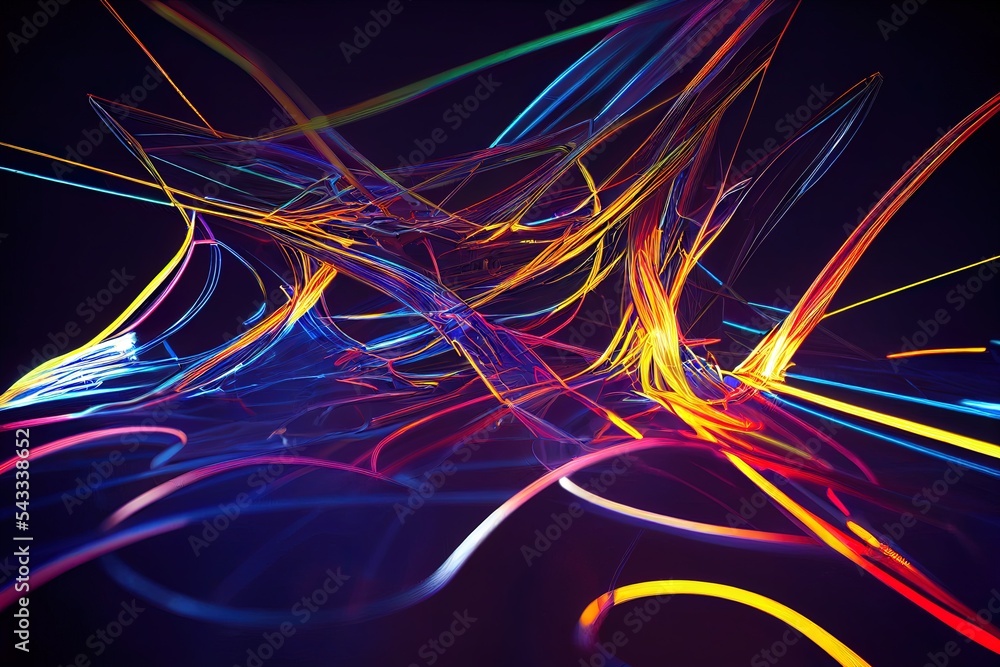 Poster 3d render of flash neon and light glowing on dark scene. Speed light moving lines.