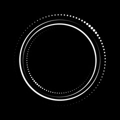 White concentric stripes and dots in circle form. Geometric art. Trendy design element for dotted frame, technology logo, tattoo, sign, symbol, web, prints, template, pattern and abstract background