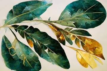 Green and Gold leaf branches on rough paper texture, Watercolor painting of Botanical background
