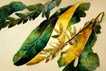 Green and Gold leaf branches on rough paper texture, Watercolor painting of Botanical background