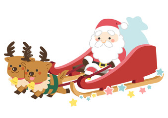 そりに乗っているサンタクロースとトナカイのイラスト／線画なし／PNG