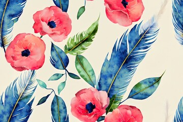 Watercolor floral vintage seamless pattern with feathers, watercolor illustration