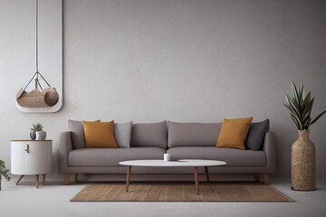 Warm neutral wabi sabi style interior mockup with low sofa, jute rug, ceramic jug, side table and dried grass decoration on empty concrete wall background. 3d rendering, illustration.