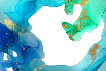 Blue and Gold Artwork Paint Wave and Dots. Design Template for Greeting Sea Style Card with Copyspace