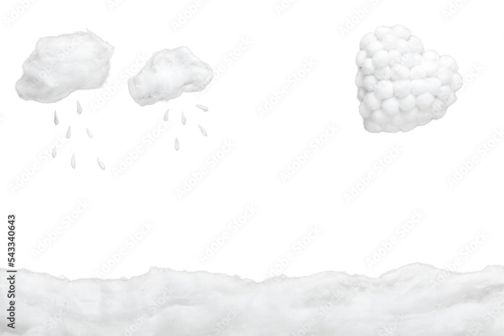 Poster Two small clouds  and  white heart, in a heavenly scenery where the clouds are made from cotton-wool, on background.