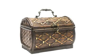 Vintage wooden trinket, jewelry box with handle isolated on a white background
