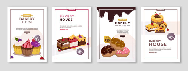 Bakery shop flyer template set vector illustration. Vector illustration of posters, bakery advertising banners, confectionery products, cakes, donuts, etc. Fully editable eps 10, ready to print, A4.
