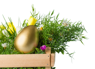 Golden easter egg in green grass on white