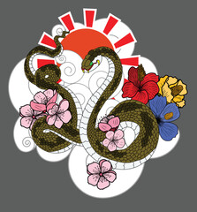 colorful Snakes and flowers. Tattoo design. Hand drawn snake vector illustration.