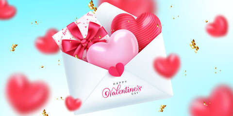 Valentine's envelope vector background design. Happy valentine's day greeting text with gift box and heart balloons for invitation card decoration. Vector Illustration. 
