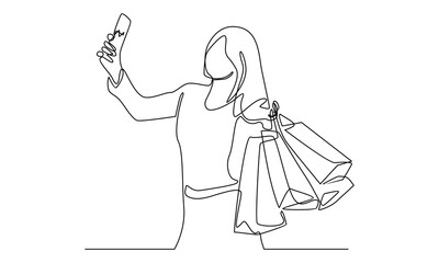 continuous line of woman holding paper bags
